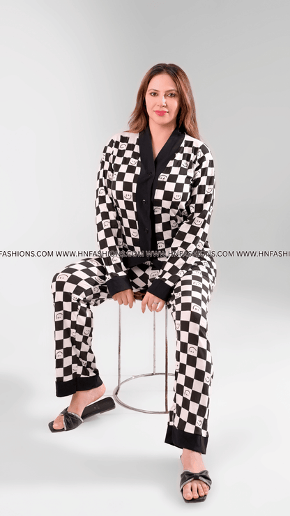 Black with White Smiley Printed V-Neck Button Printed Night Suit