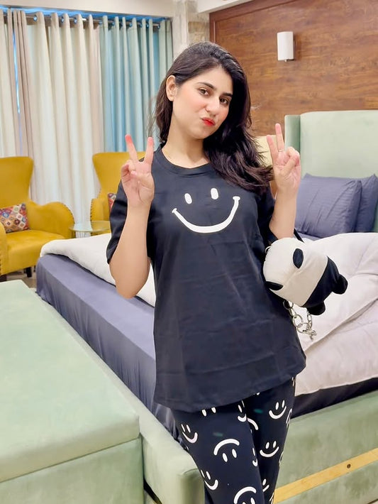 Black Smiley Printed Night Suit