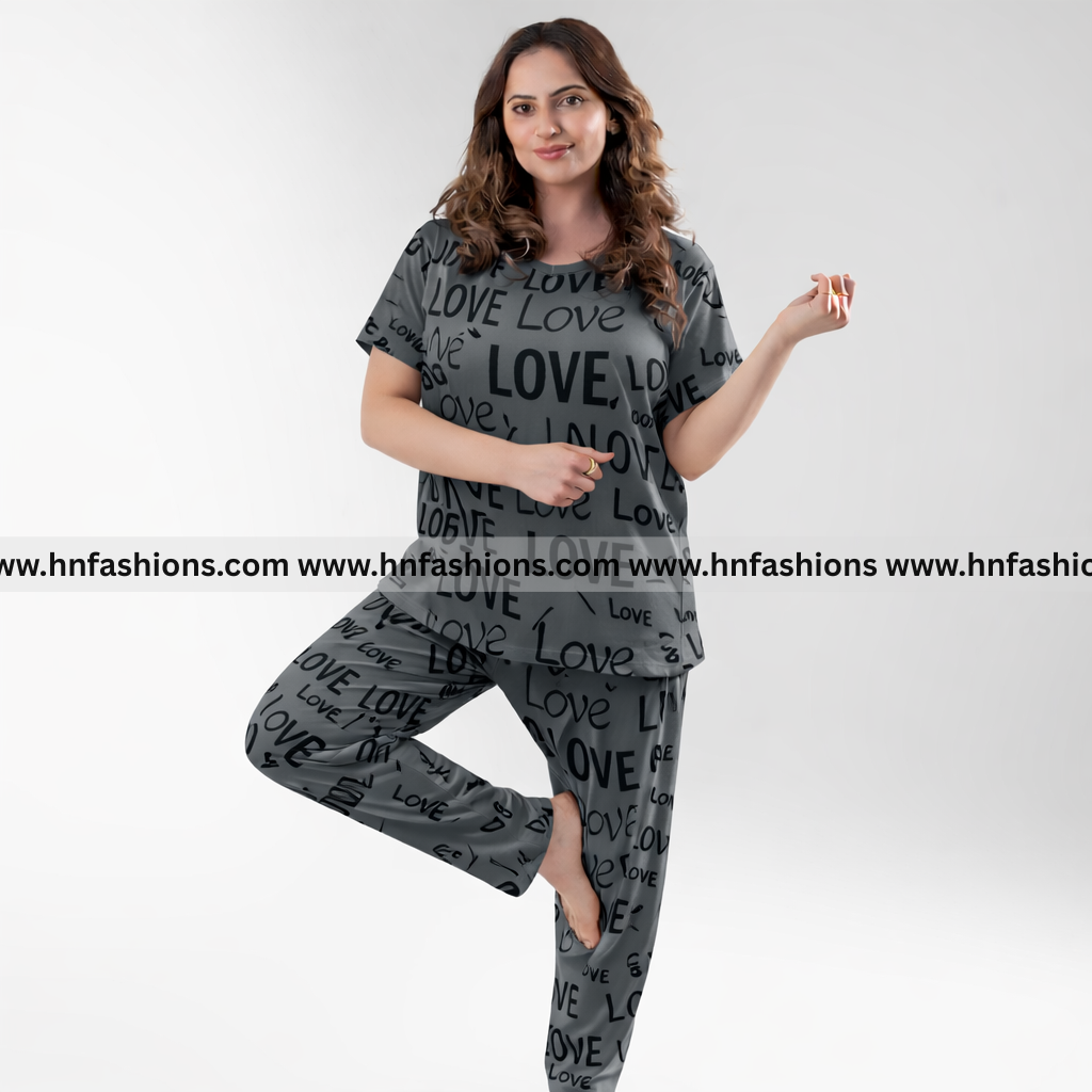 Charcoal Drop Shoulder Love Printed  Night Suit