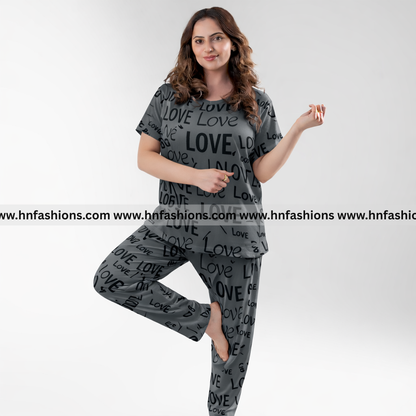 Charcoal Drop Shoulder Love Printed  Night Suit