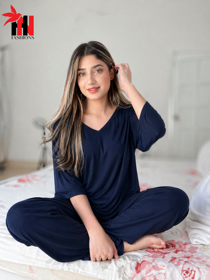 V-Neck Navy Blue Plazzo Suit PJ Set
