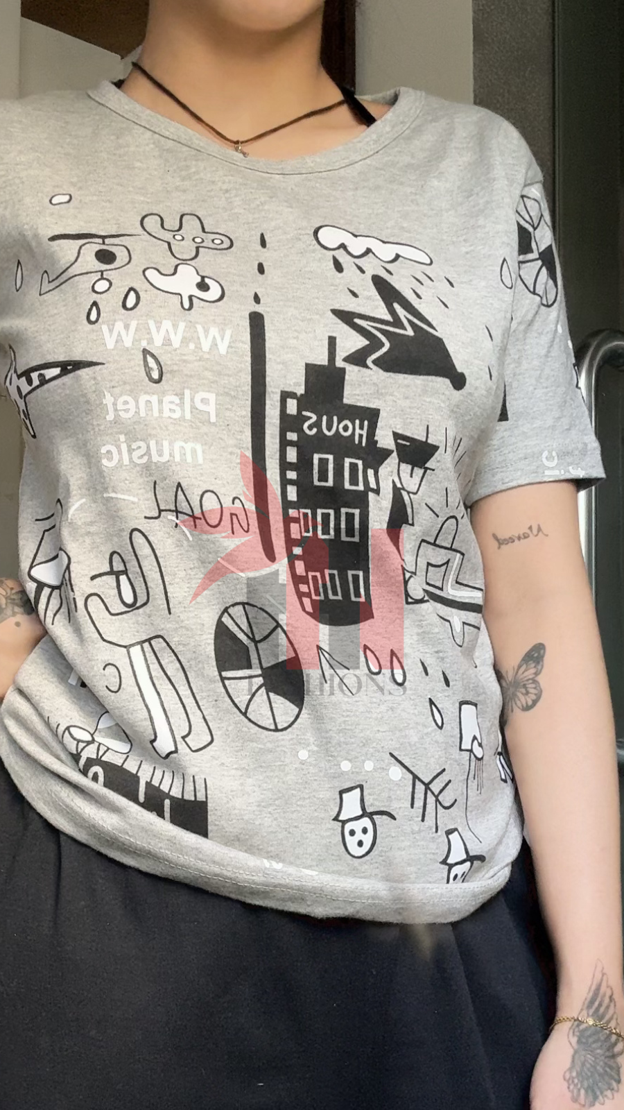 Grey Planet Music With Black Pajama Printed Night Suit