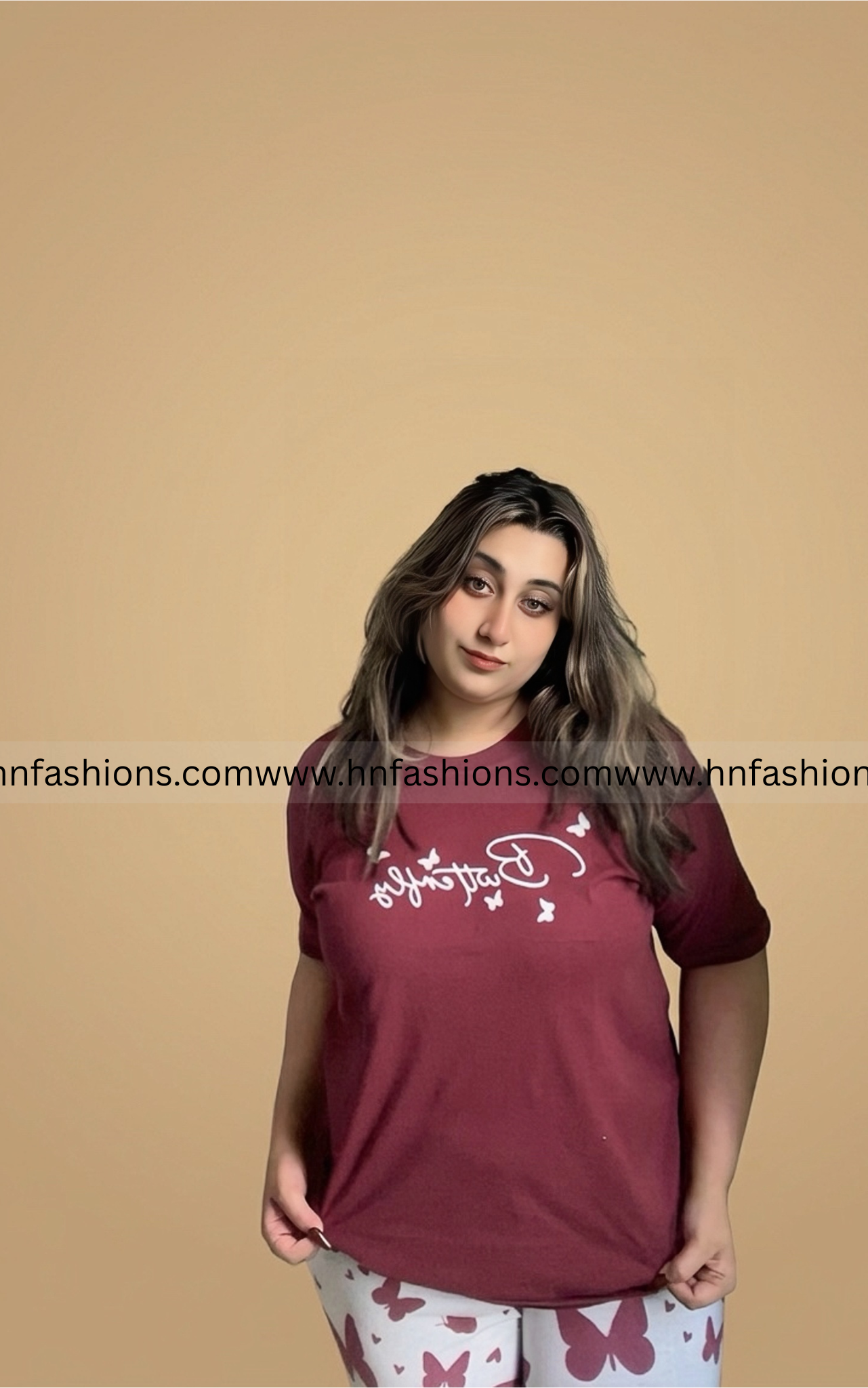 Maroon Small Butterfly Printed Night Suit