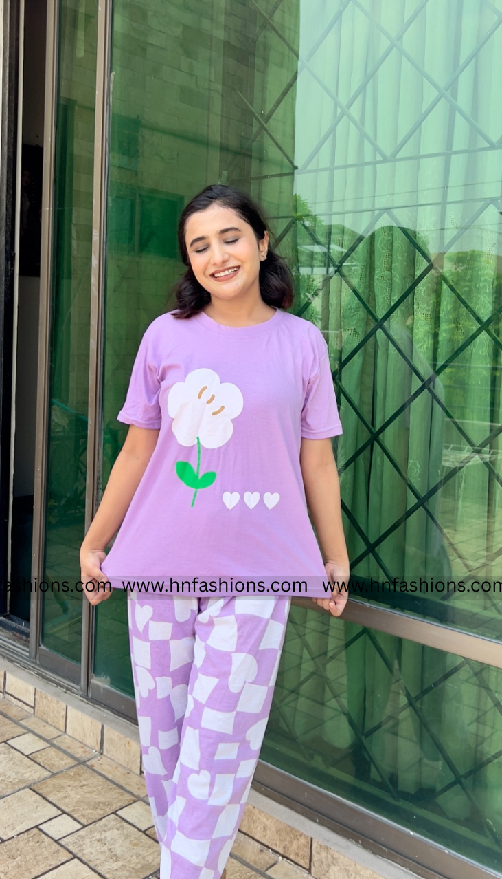 Purple Flower Printed Night Suit