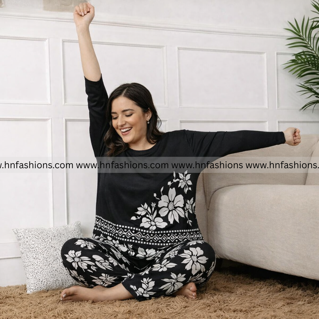 Black Leaves Printed Night Suit