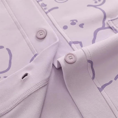 Lilac Love Bunny Printed V-Neck Button Printed Night Suit