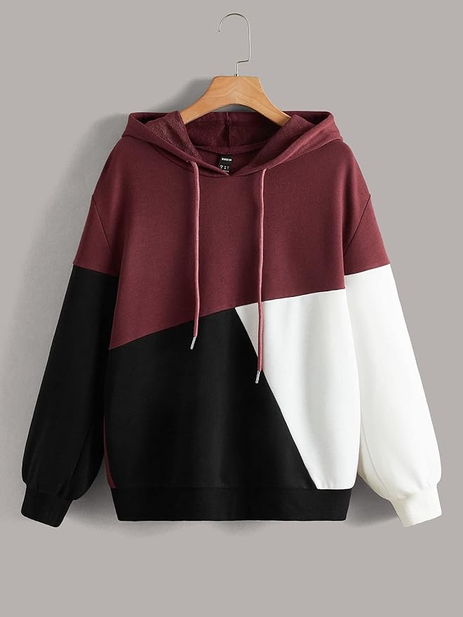 Maroon Black and White Cut and Sew Kangaroo Hoodie For Women