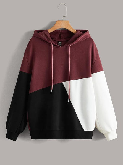 Maroon Black and White Cut and Sew Kangaroo Hoodie For Women