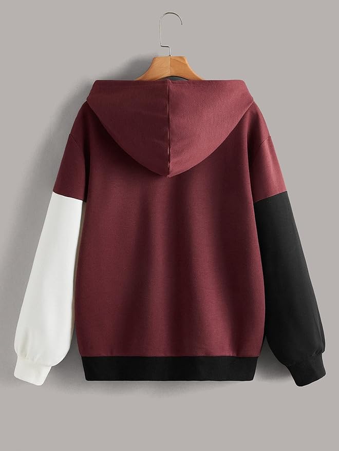 Maroon Black and White Cut and Sew Kangaroo Hoodie For Women