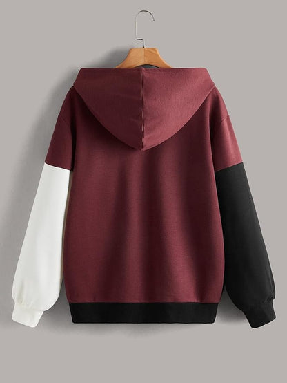 Maroon Black and White Cut and Sew Kangaroo Hoodie For Women