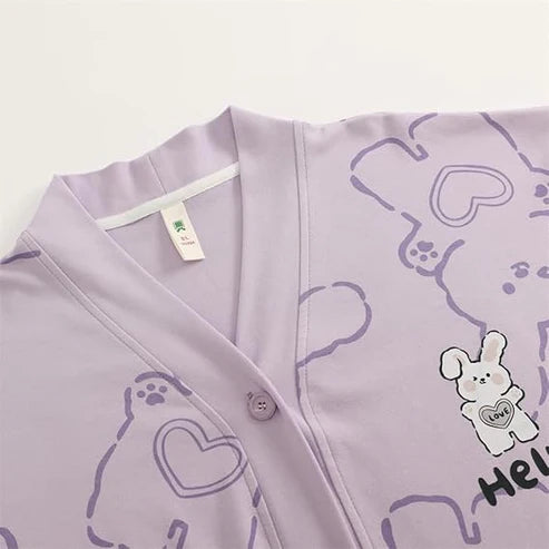 Lilac Love Bunny Printed V-Neck Button Printed Night Suit