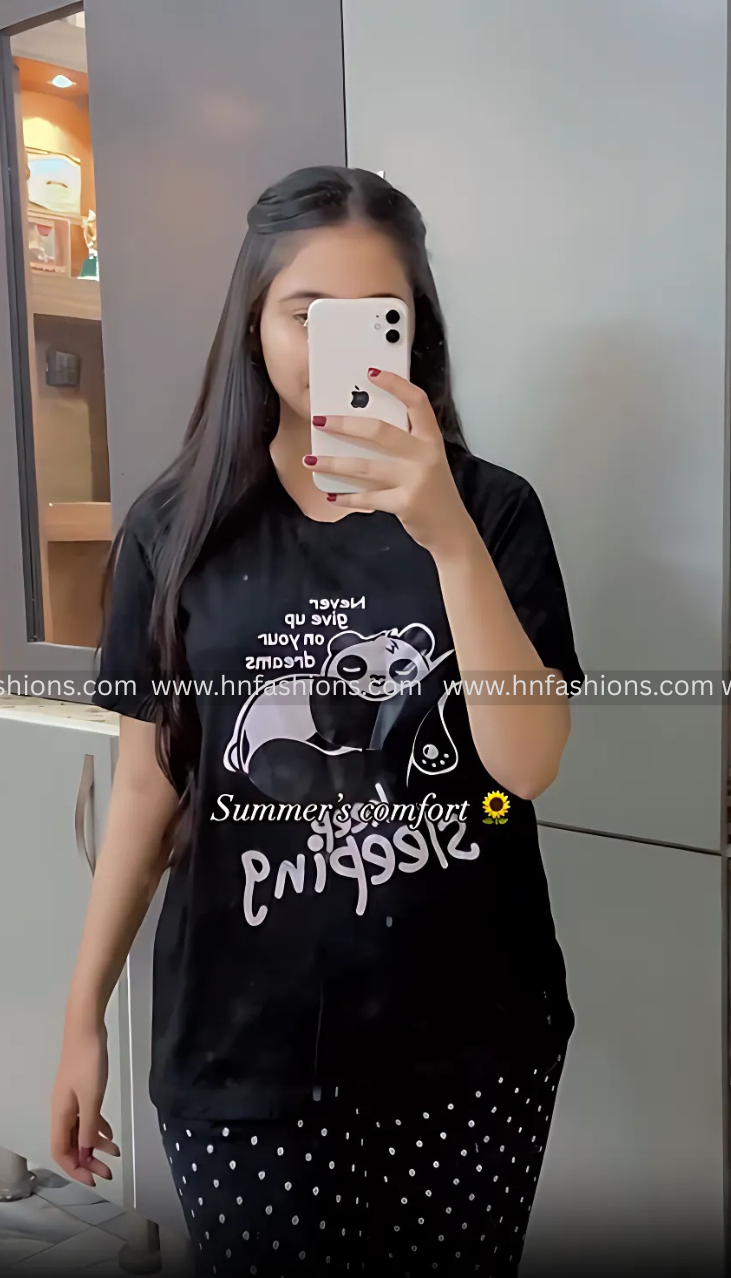 Black Never Give Up Printed Night Suit