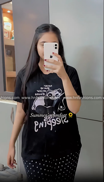 Black Never Give Up Printed Night Suit