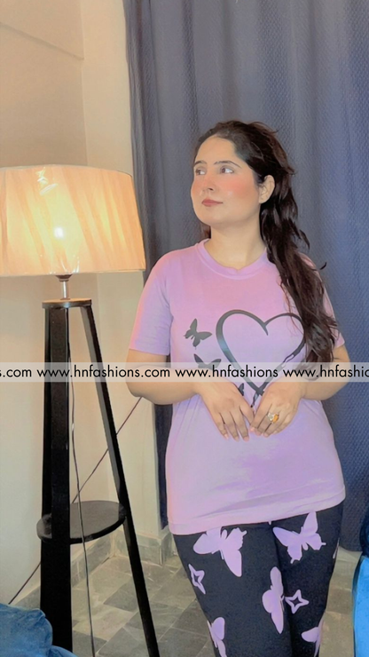 Purple Heart & Butterfly Printed Night Suit