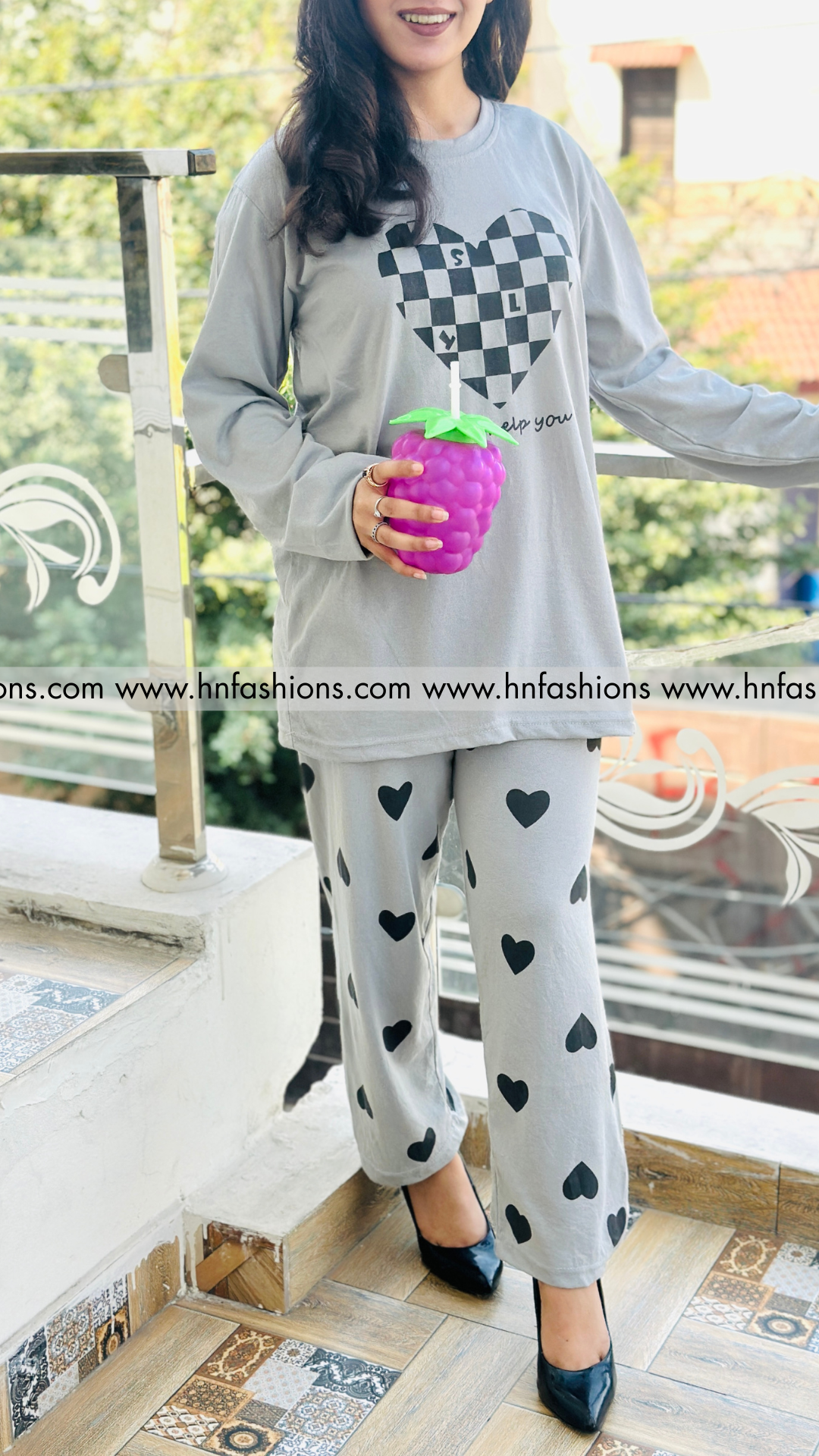 Grey Puzzle Heart Printed Night Suit