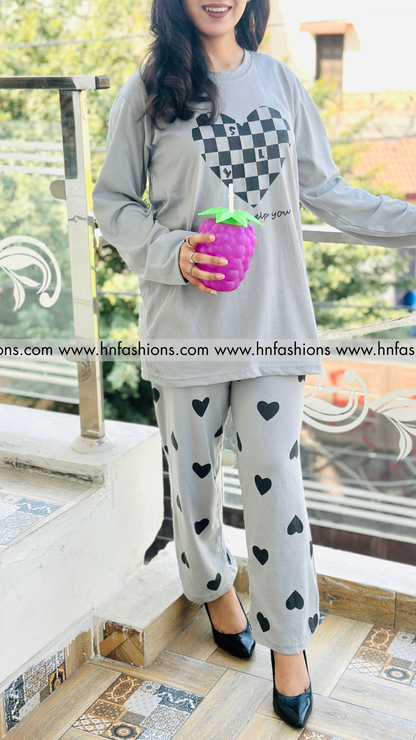 Grey Puzzle Heart Printed Night Suit