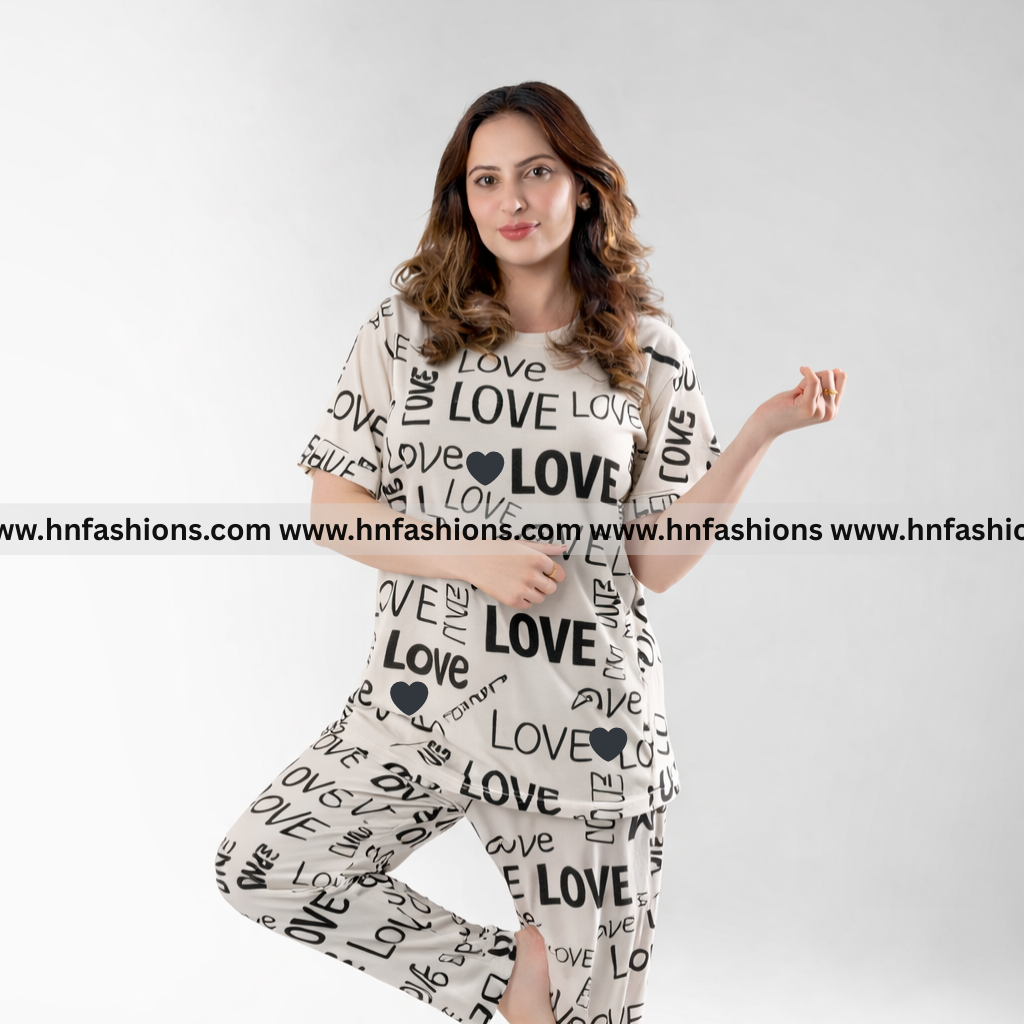Drop Shoulder Love Printed  Night Suit