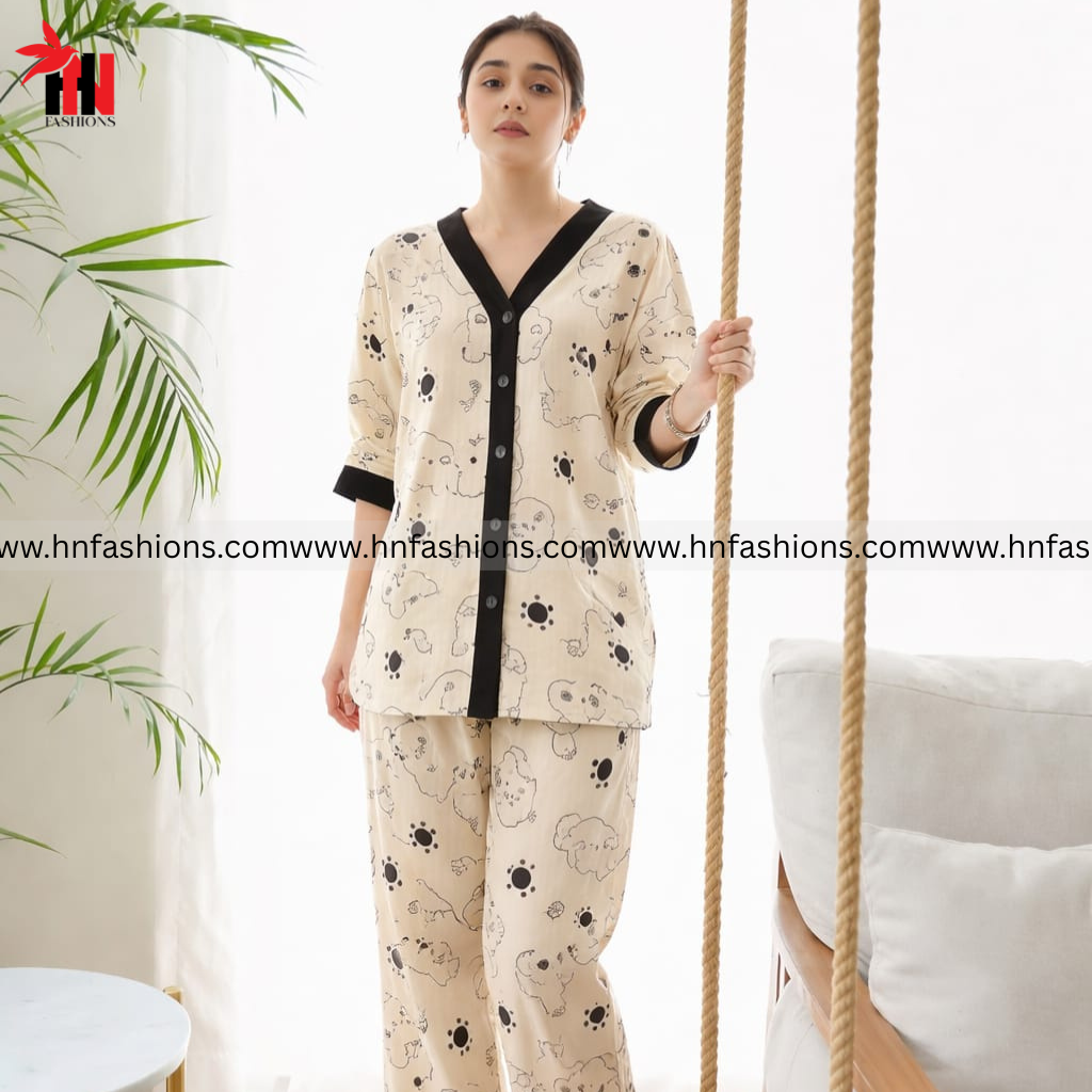 Cream With Black Bears V-Neck Button Printed Night Suit