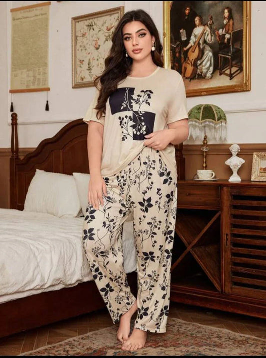 White & Black Leaves Printed Night Suit Half Sleeves