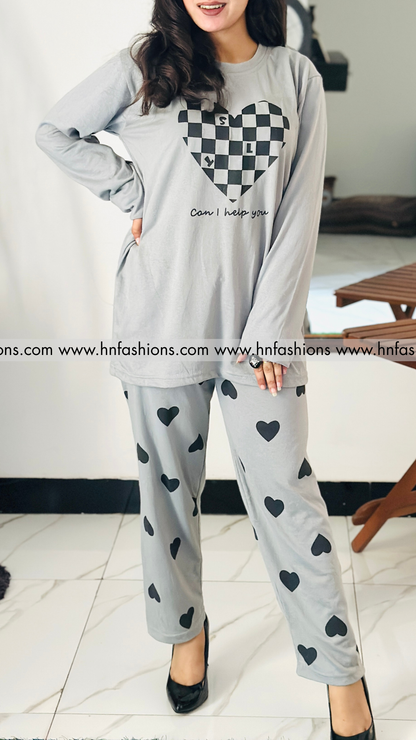 Grey Puzzle Heart Printed Night Suit