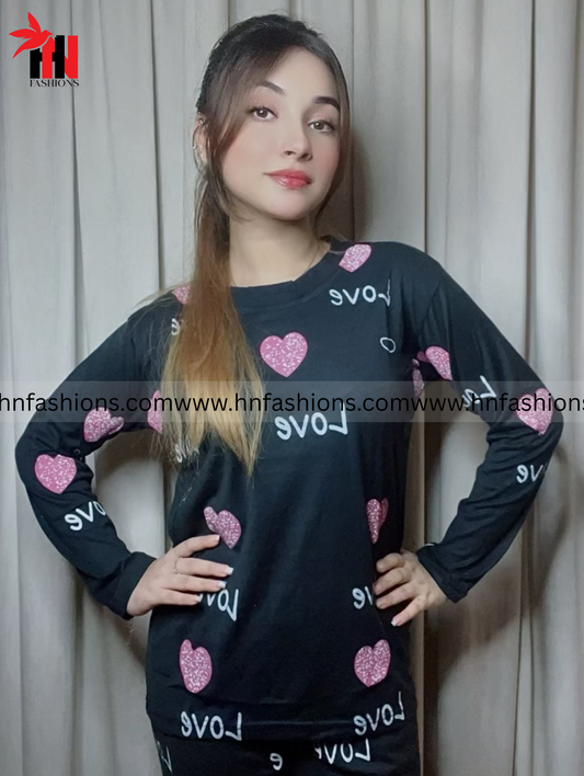 Black Love Heart Printed Night Suit