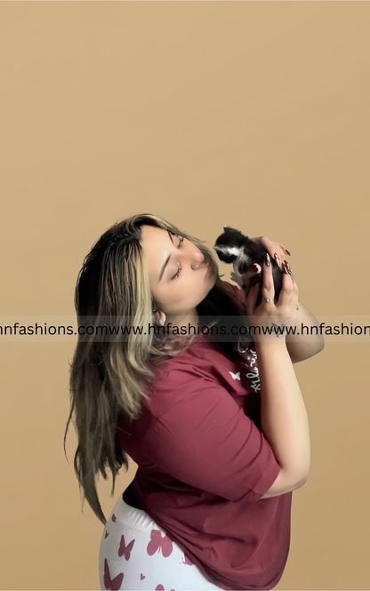 Maroon Small Butterfly Printed Night Suit