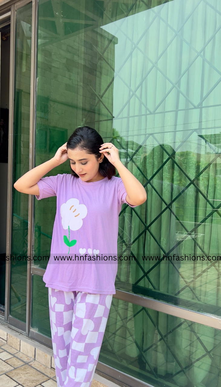 Purple Flower Printed Night Suit