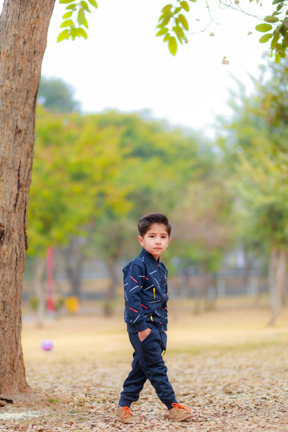 Kids Blue Printed Zipper Jacket With Trouser (2 Piece)