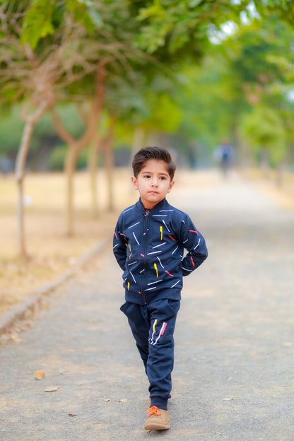Kids Blue Printed Zipper Jacket With Trouser (2 Piece)