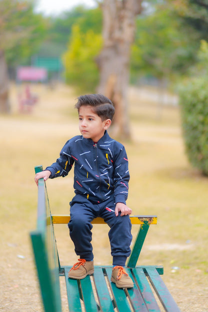 Kids Blue Printed Zipper Jacket With Trouser (2 Piece)
