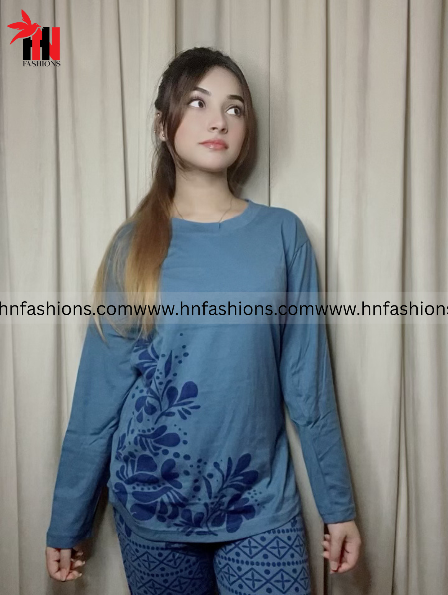 Sky Blue Leaves Printed Night Suit