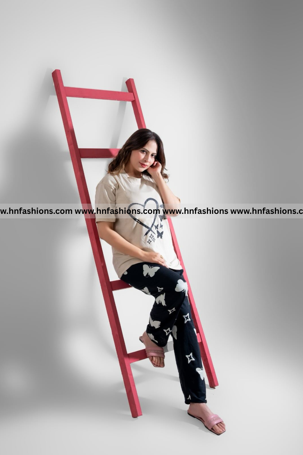 Heart & Butterfly Printed Night Suit