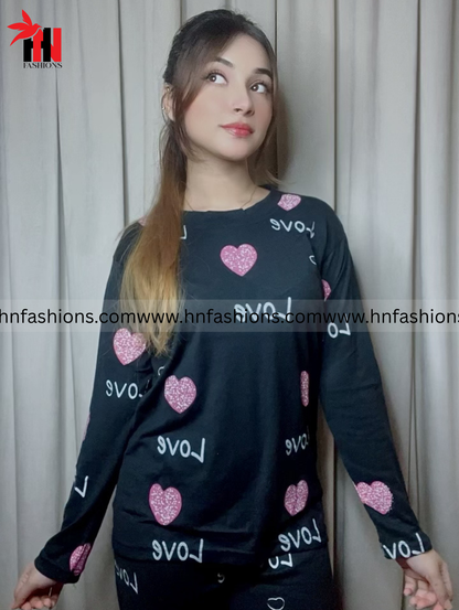 Black Love Heart Printed Night Suit