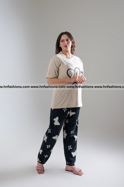 Heart & Butterfly Printed Night Suit