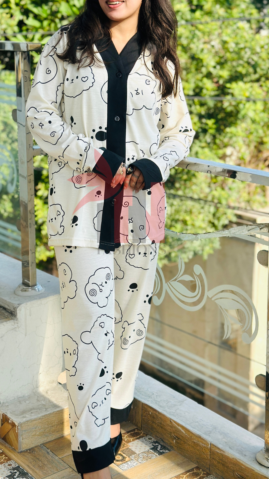 Cream With Black Bears V-Neck Button Printed Night Suit