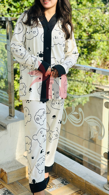 Cream With Black Bears V-Neck Button Printed Night Suit