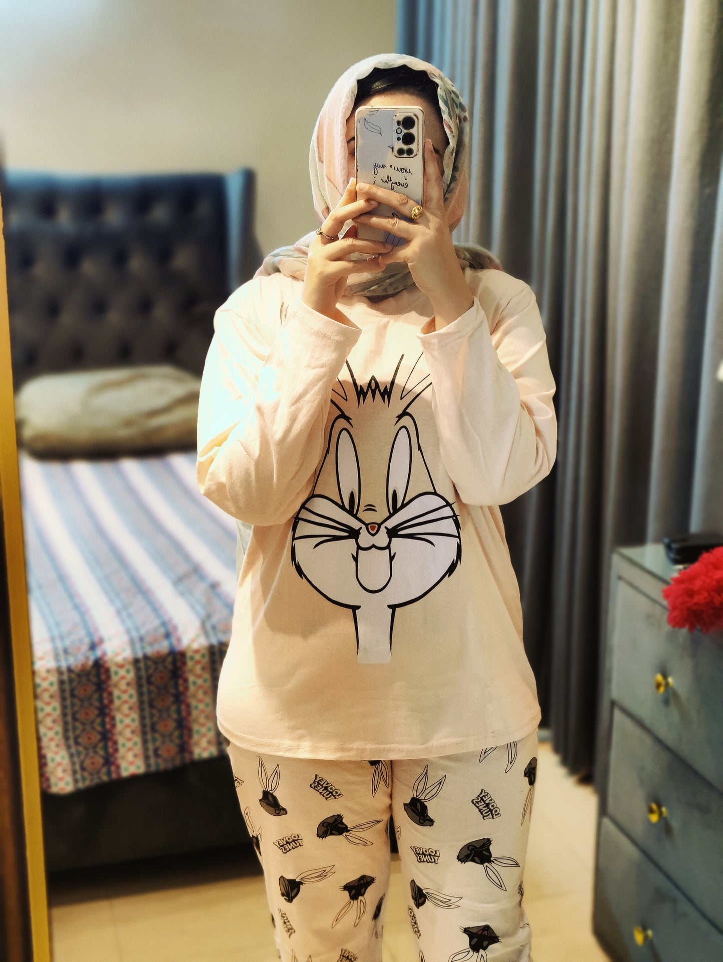 Pink Bunny Printed  Night Suit