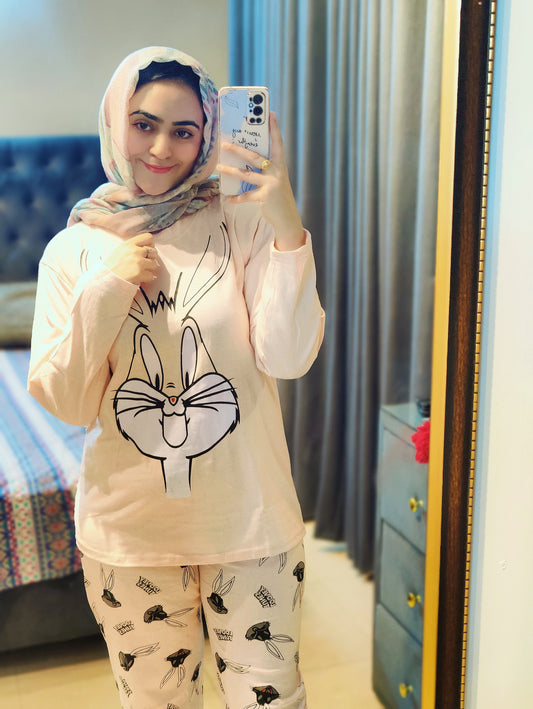 Pink Bunny Printed  Night Suit