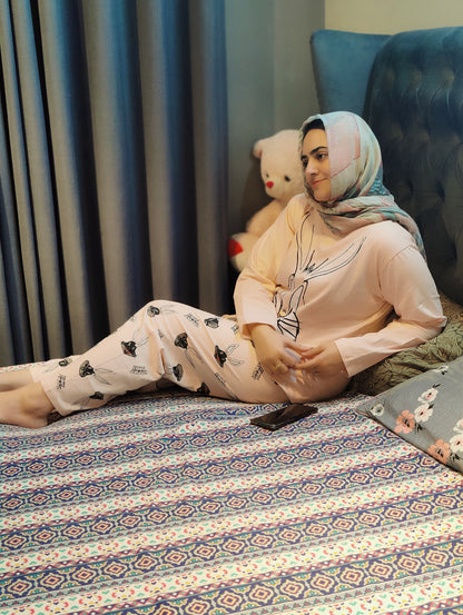 Pink Bunny Printed  Night Suit