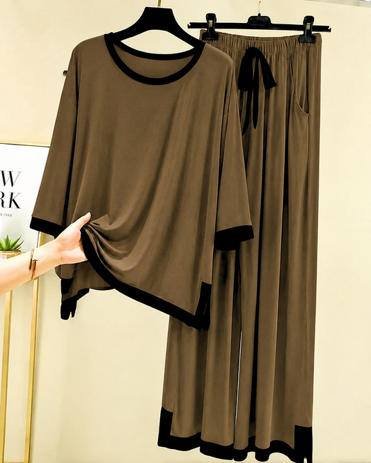 Brown Black Round Neck Palazzo PJ Set
