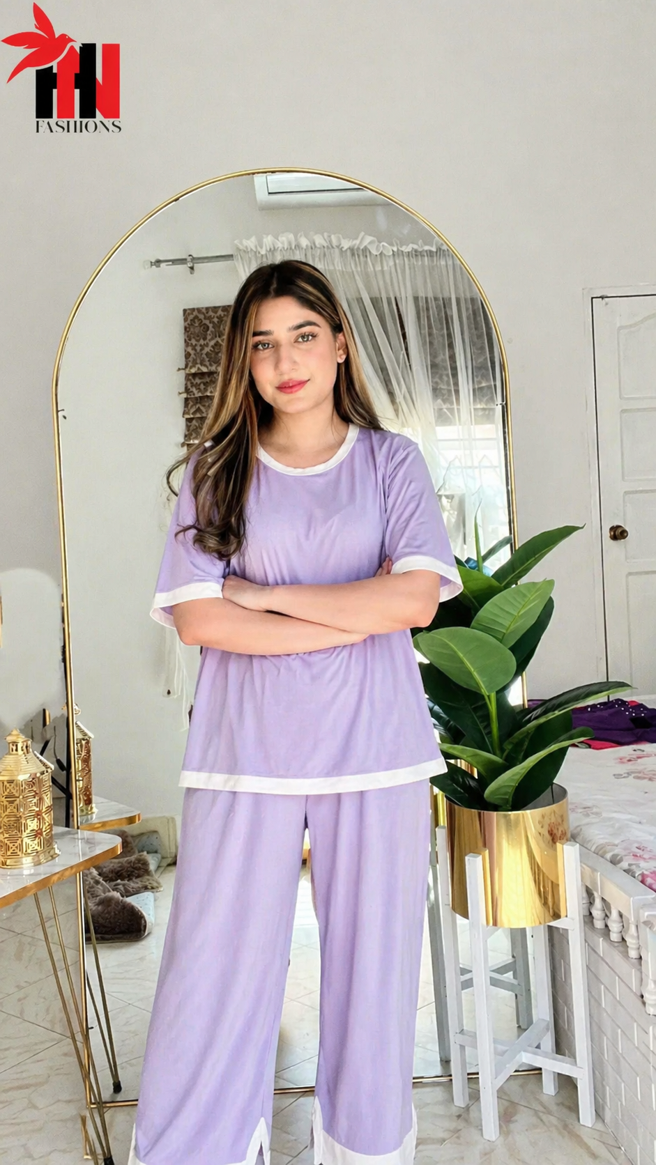 Purple White Round Neck Plazzo PJ Set