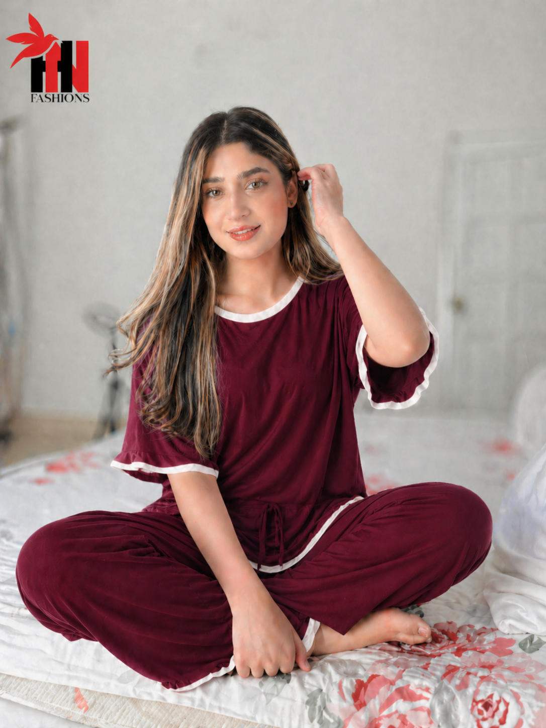 Maroon White Round Neck Plazzo PJ Set