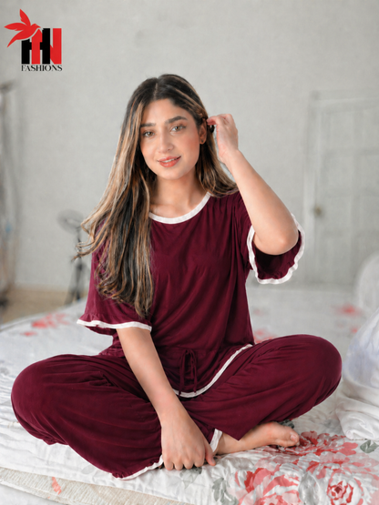 Maroon White Round Neck Plazzo PJ Set