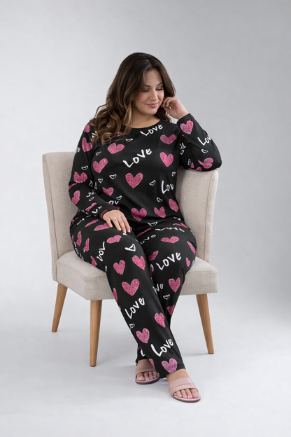Black Love Heart Printed Night Suit