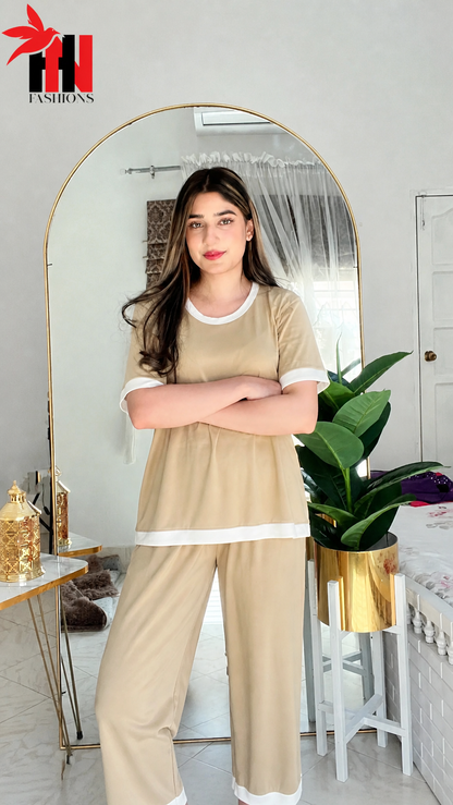 Skin White Round Neck Plazzo PJ Set