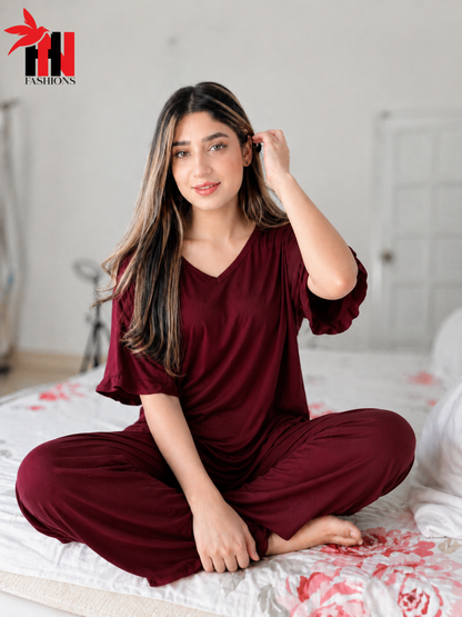 V-Neck Maroon Plazzo Suit PJ Set