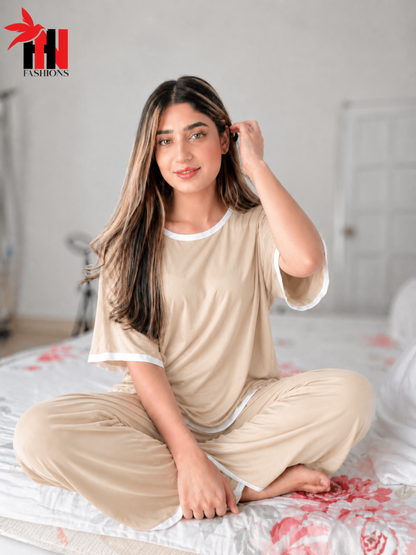 Skin White Round Neck Plazzo PJ Set