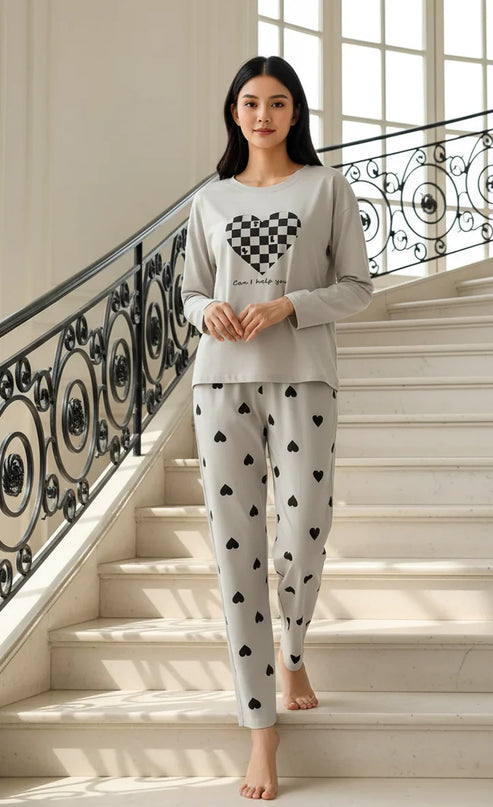 Grey Puzzle Heart Printed Night Suit