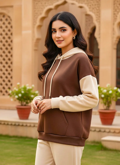Brown With Cream Basic Hoodie For Women