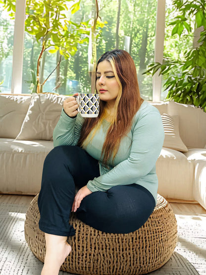 Sea Green With Black V-Neck Plazzo Suit PJ Set